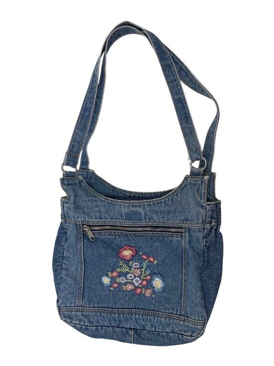 unmarked Handbags - Denim Shoulder Bag With Floral Embroidery Blue Casual Everyday Tote